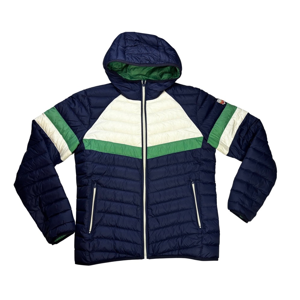 Marine Layer Lost and Found Brighton Mens Puffer Jacket Navy Green Hooded Medium